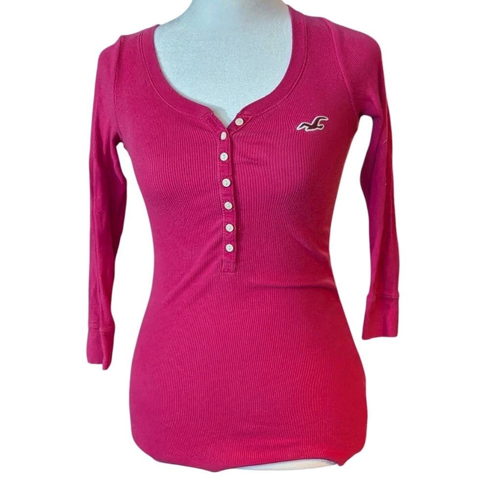 Vtg Hollister Henley Top Y2K Fitted Pink Magenta Ribbed Women Xs Elena Gilbert - Picture 3 of 6